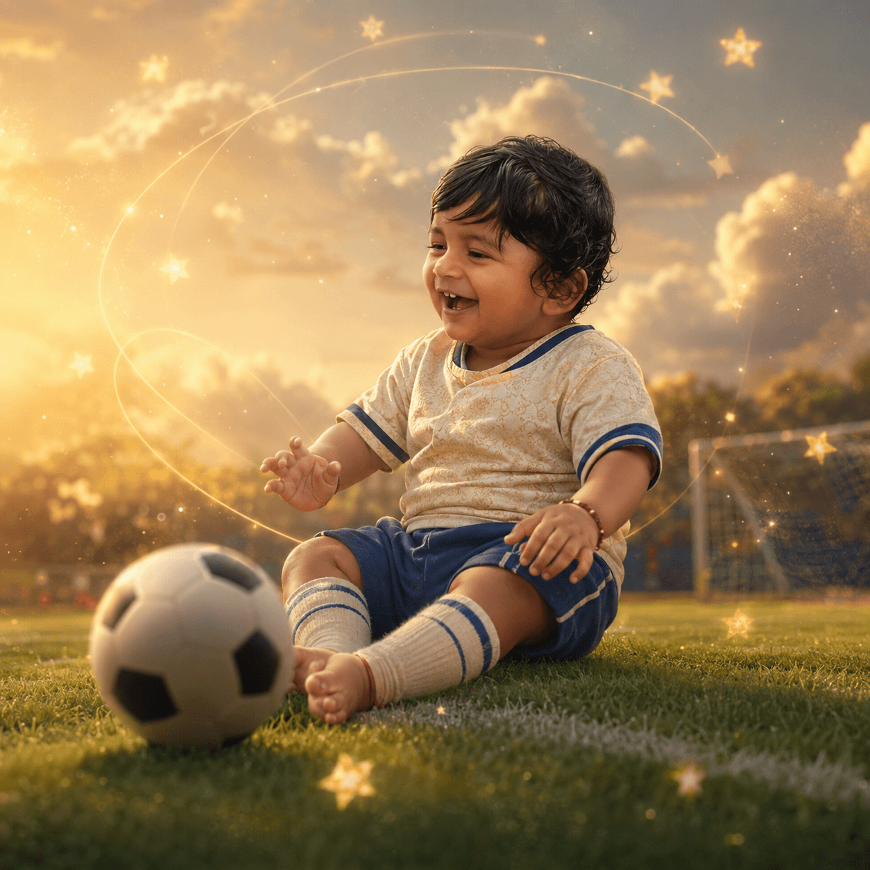 Storybook illustration of baby Vivansh with a small football in a magical field.